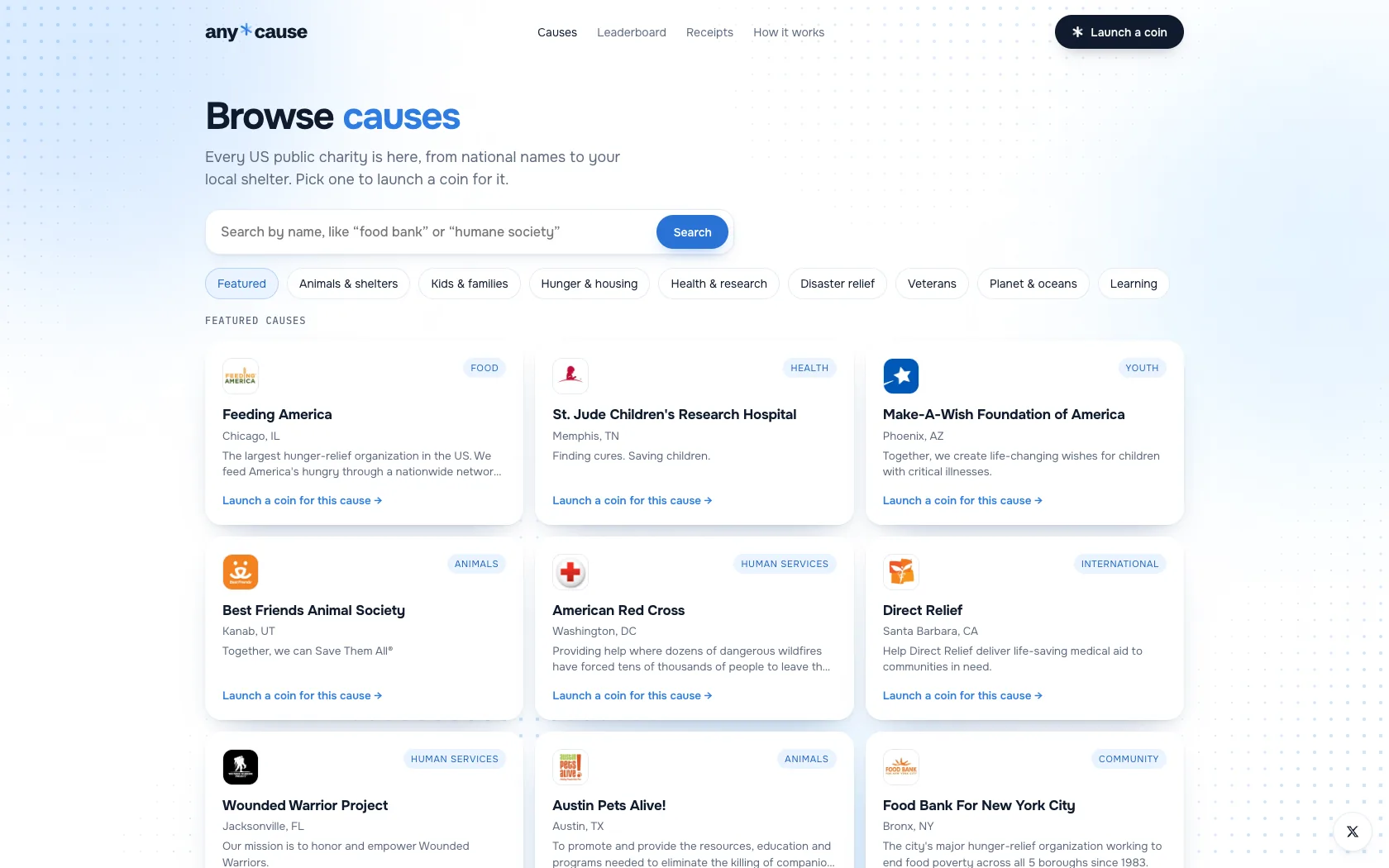 Any Cause browse page with category filters and nonprofit cards