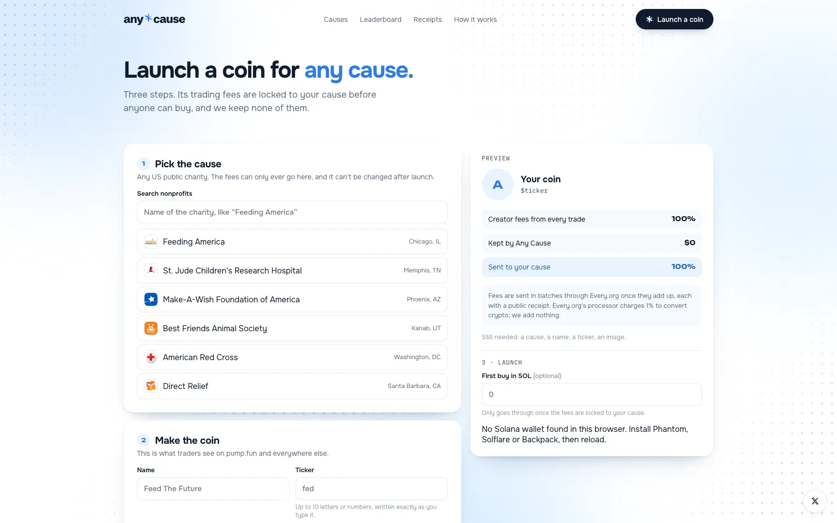 Any Cause launch form with the cause picker and a coin preview