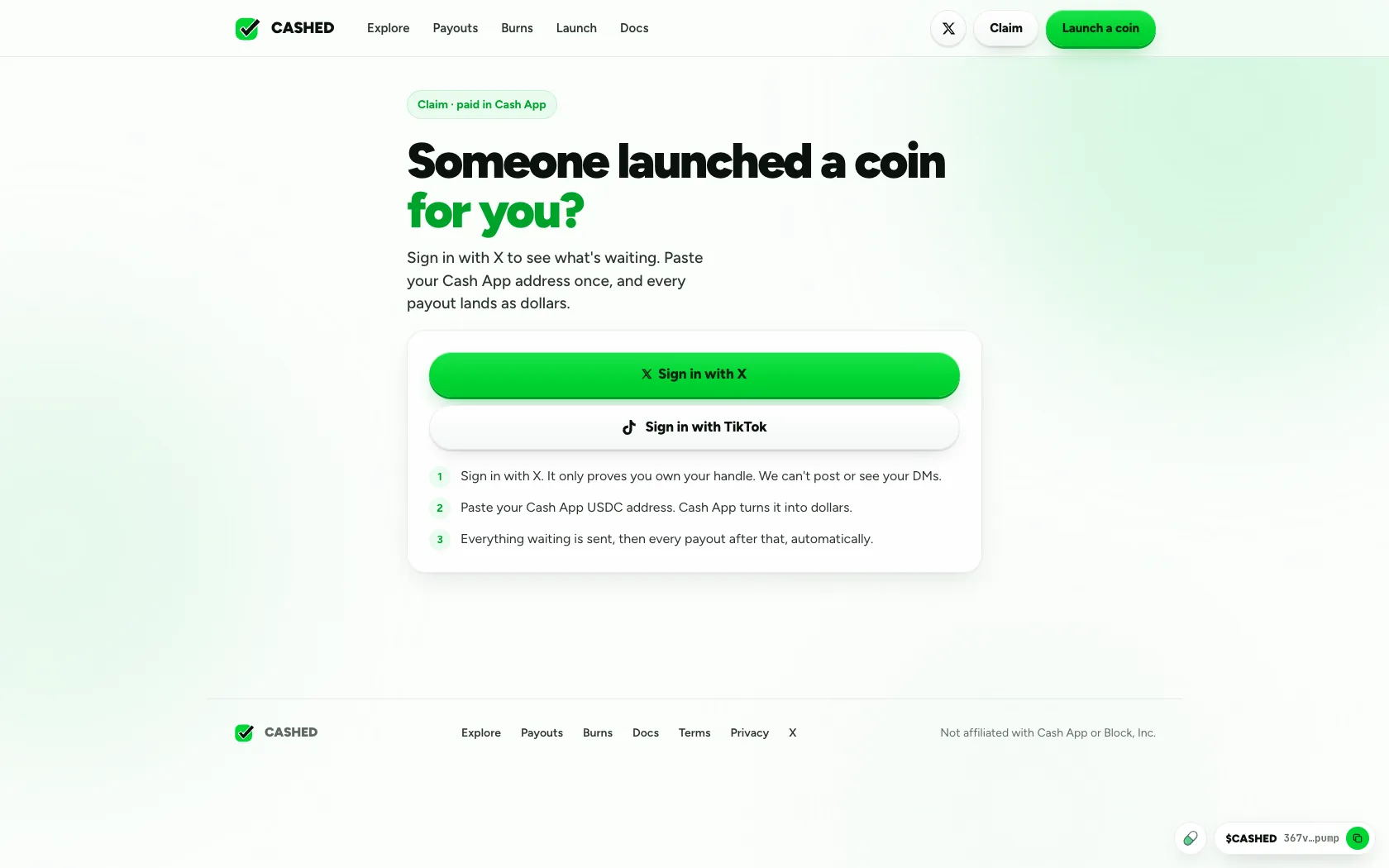The CASHED claim page with sign-in buttons