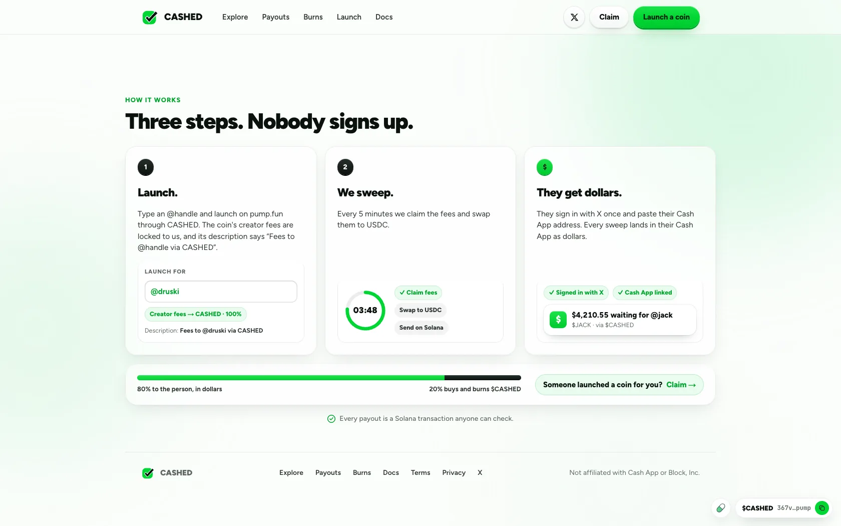 The three steps of CASHED: launch, sweep, dollars