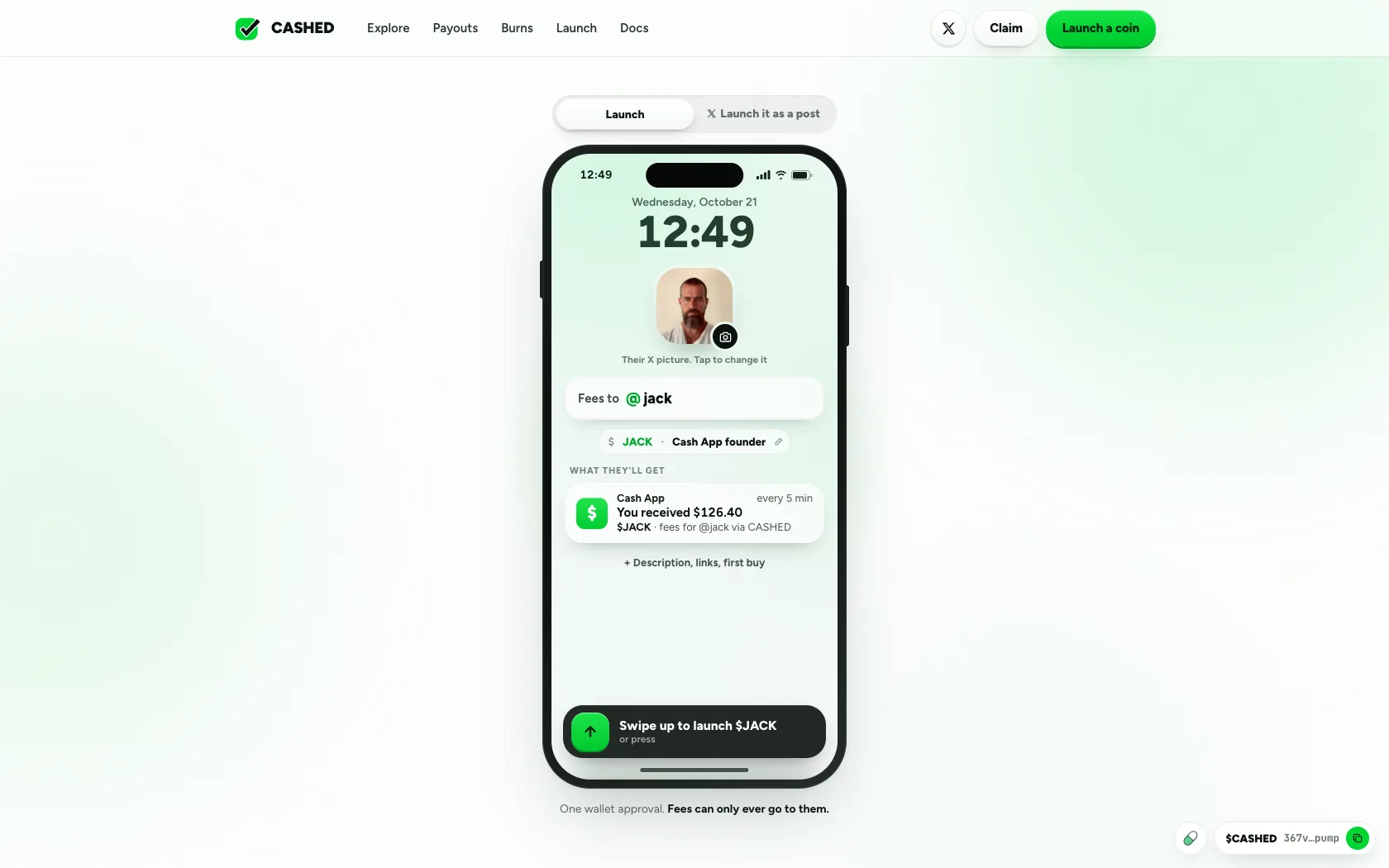 The CASHED launch page, drawn as a phone with a handle typed in