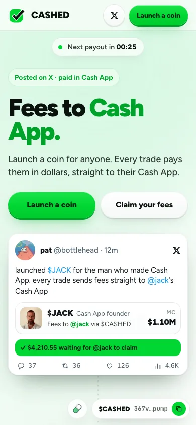 The CASHED homepage on a phone