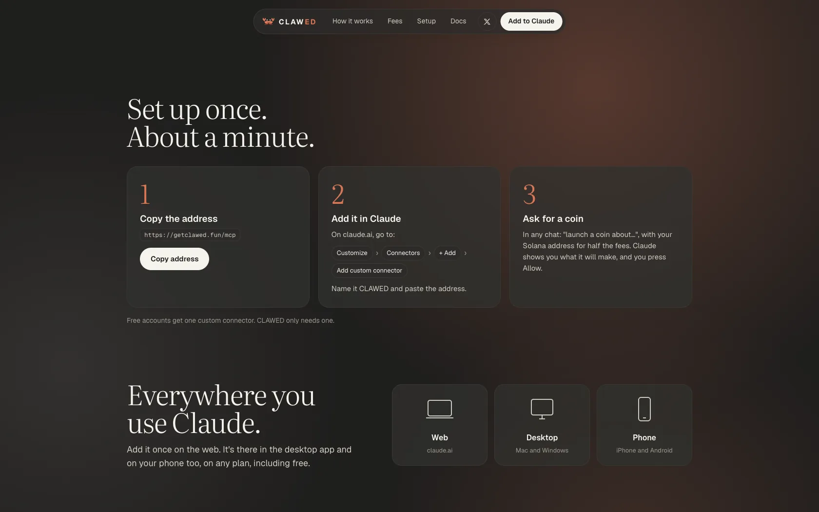 The three setup steps on the CLAWED homepage