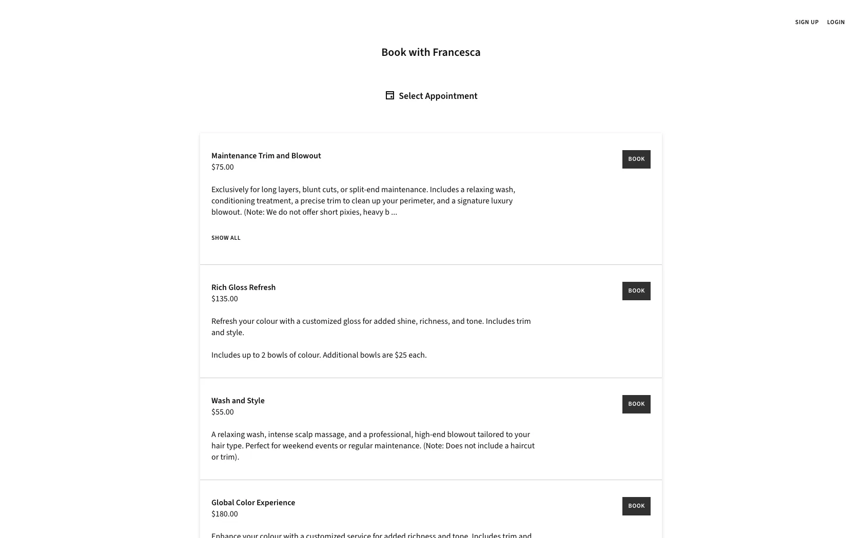 Her old Acuity booking page: a plain list of services with Book buttons