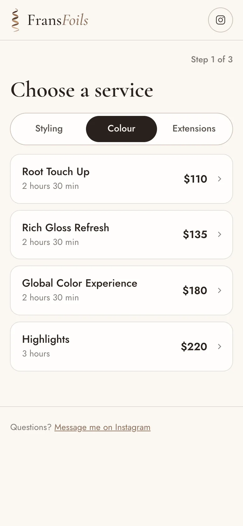 FransFoils booking: pick a service