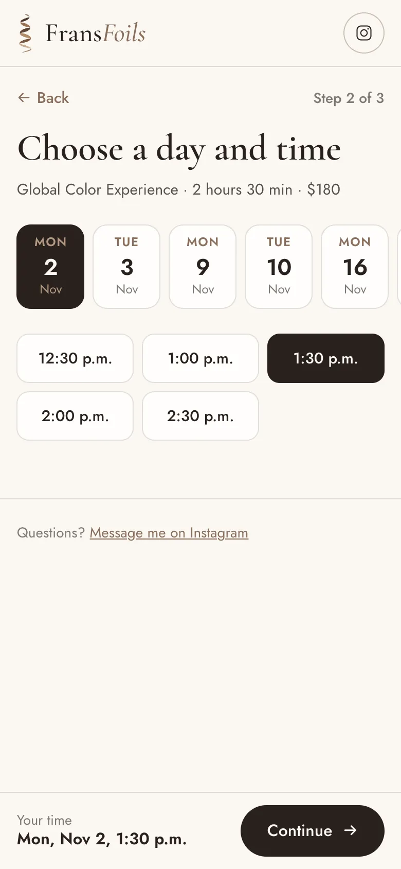 FransFoils booking: pick a time