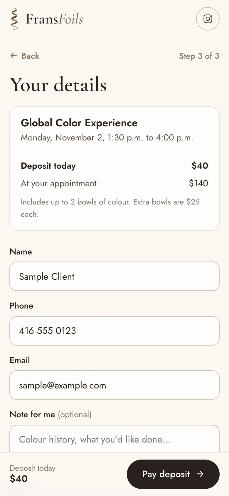 FransFoils booking: your details