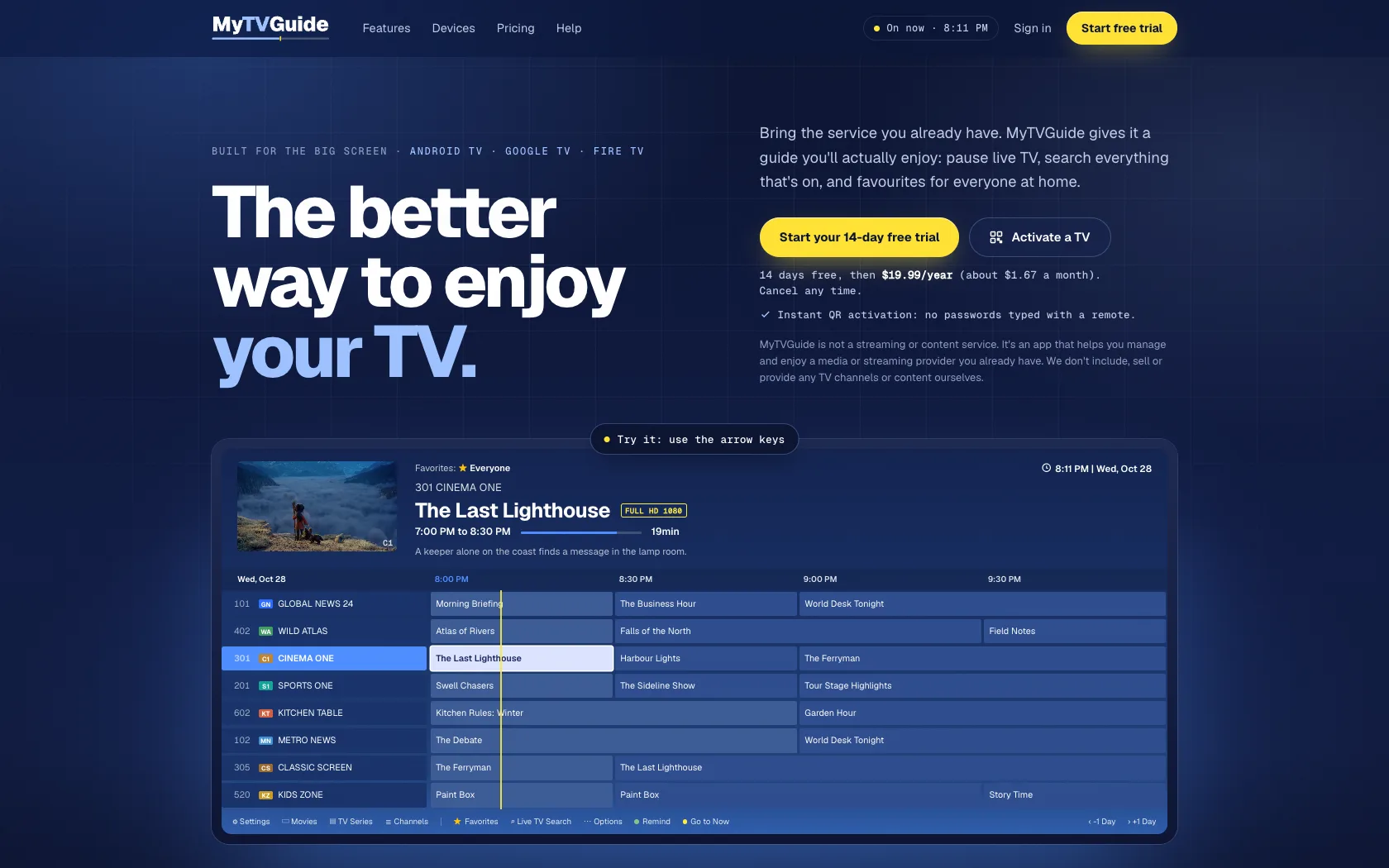 MyTVGuide homepage after the redesign