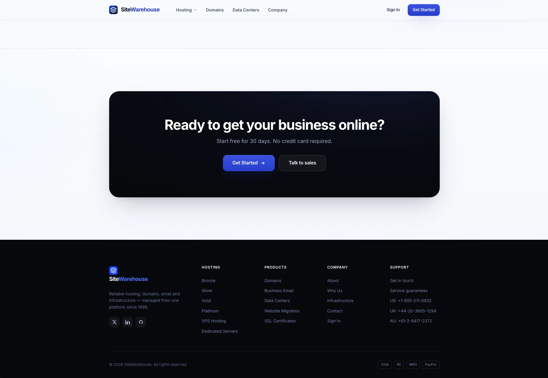 SiteWarehouse footer and navigation after the redesign