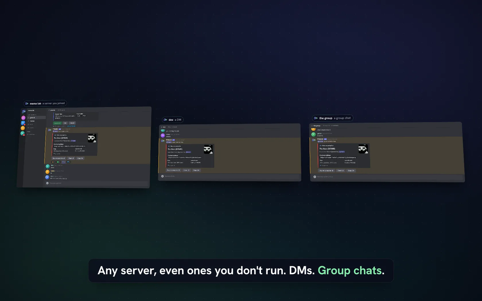 Three Discord windows, a server, a DM and a group chat, each with a PINGED launch card
