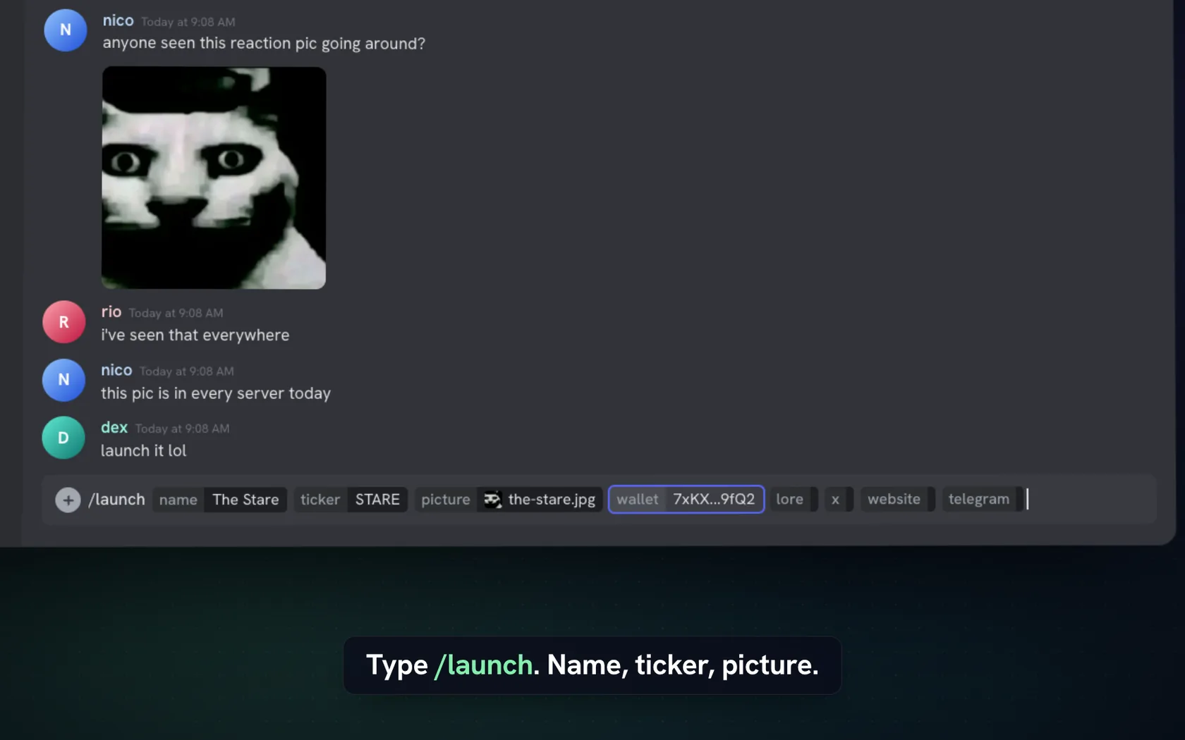 A Discord chat with a /launch command filled in with name, ticker and picture