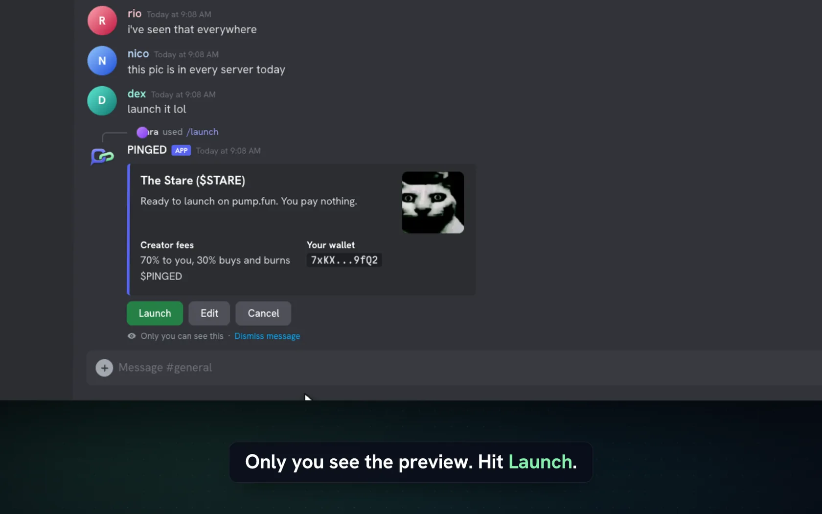 PINGED's private preview card in Discord with Launch, Edit and Cancel buttons