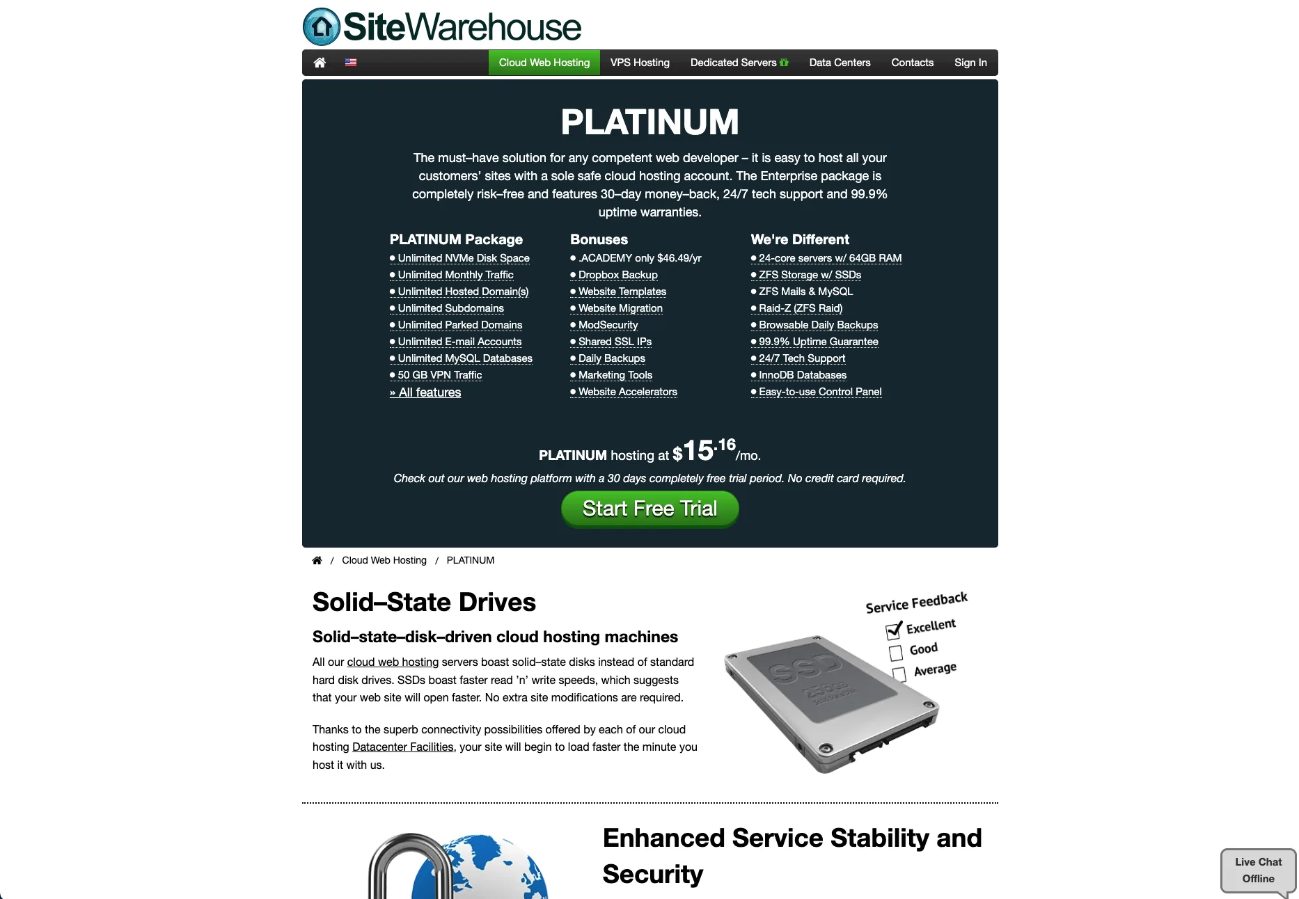 SiteWarehouse hosting plans before the redesign