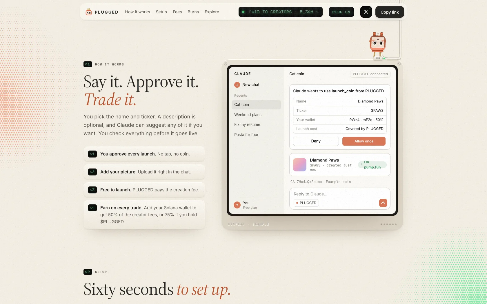 A Claude chat on the PLUGGED homepage, launching an example coin