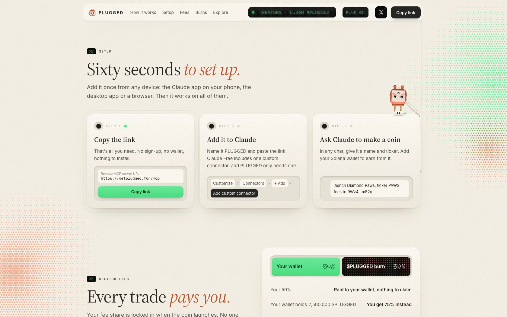 The three setup steps on the PLUGGED homepage