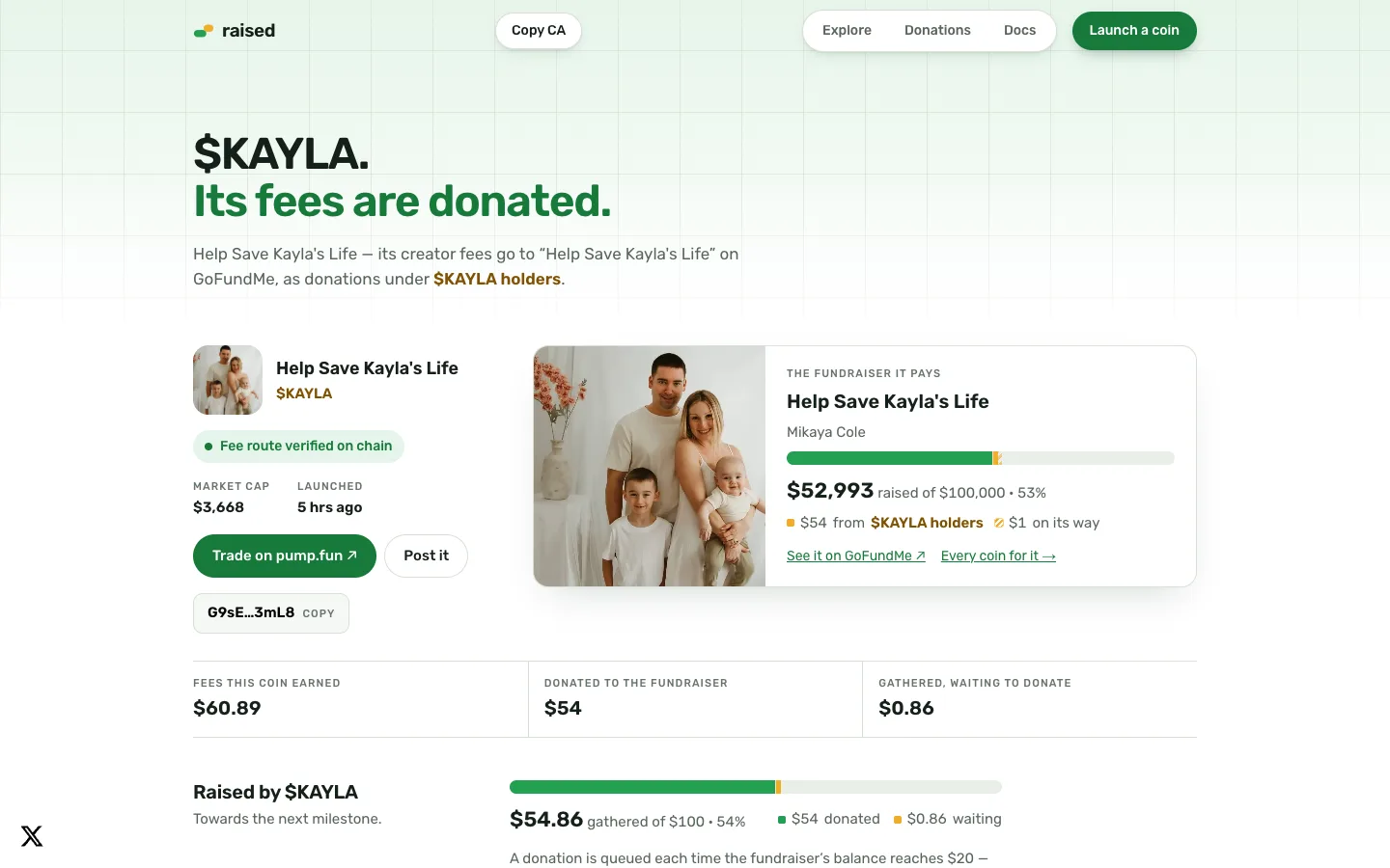 RAISED coin page beside the GoFundMe fundraiser it supports