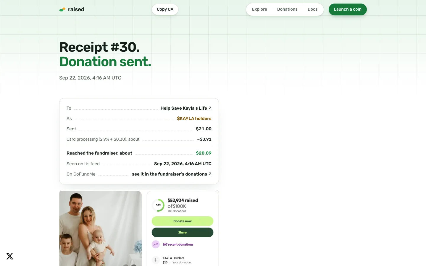 RAISED donation receipt with amounts and a GoFundMe link
