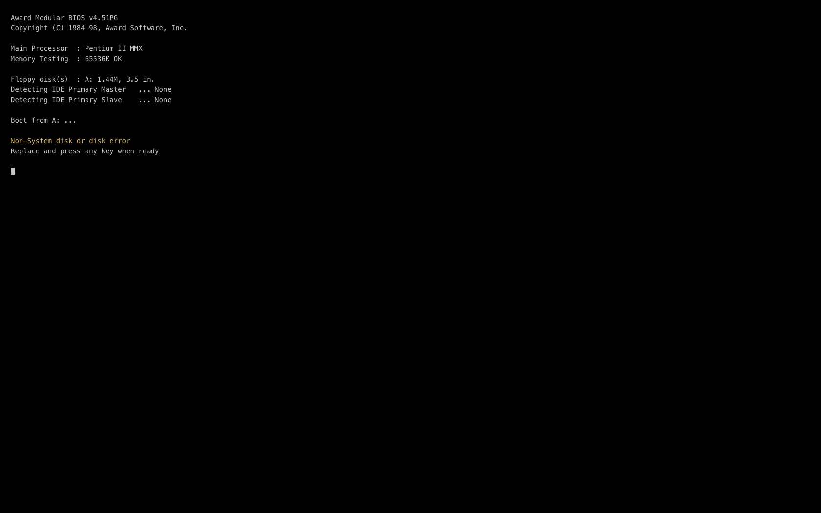 A BIOS boot screen reading Non-System disk or disk error