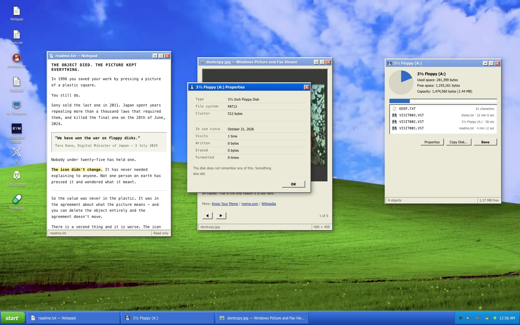 The 3.5 inch floppy Properties dialog with visit and byte counts