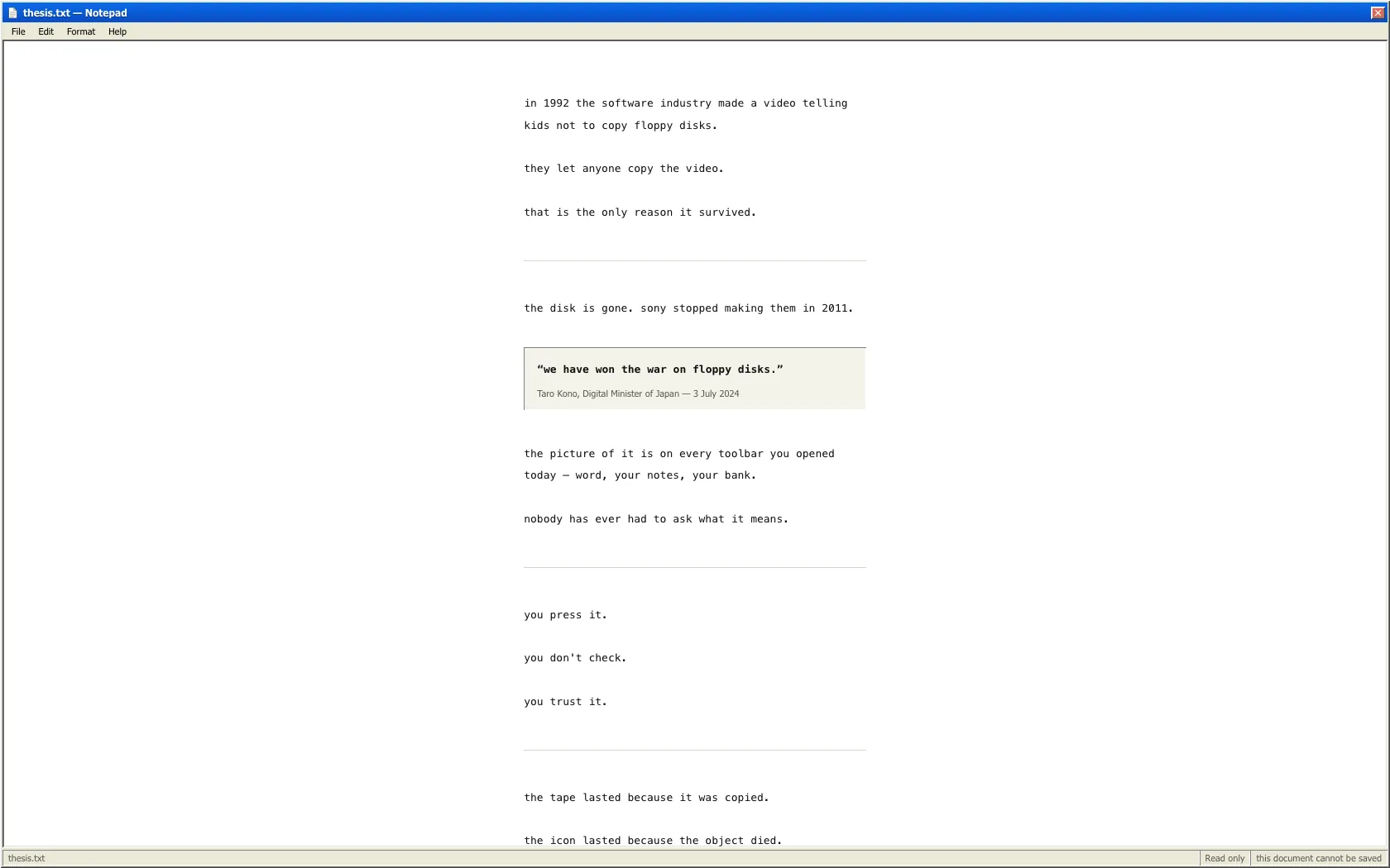 The SAVE thesis in a read-only Notepad window