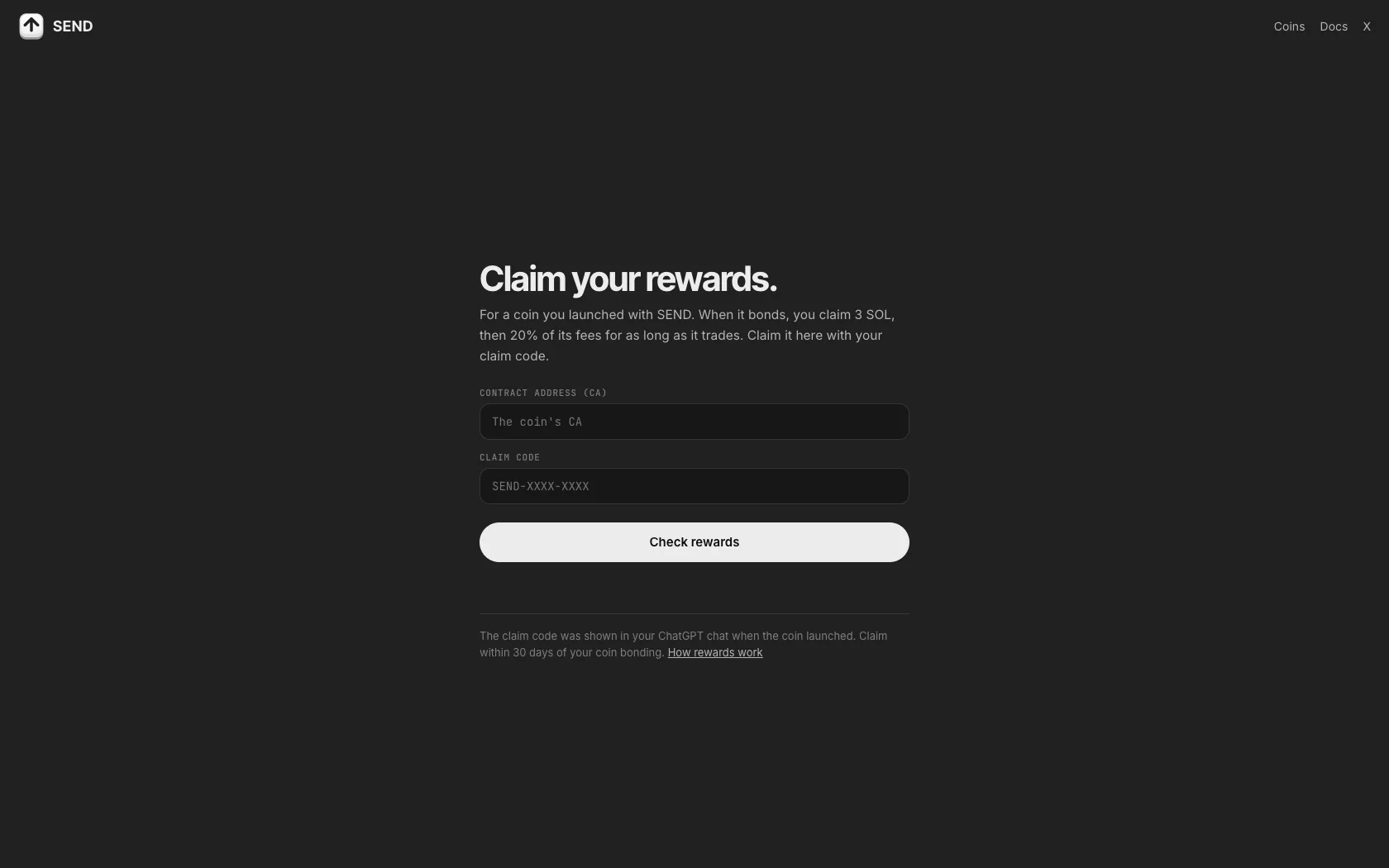 SEND claim page with contract address and claim code fields
