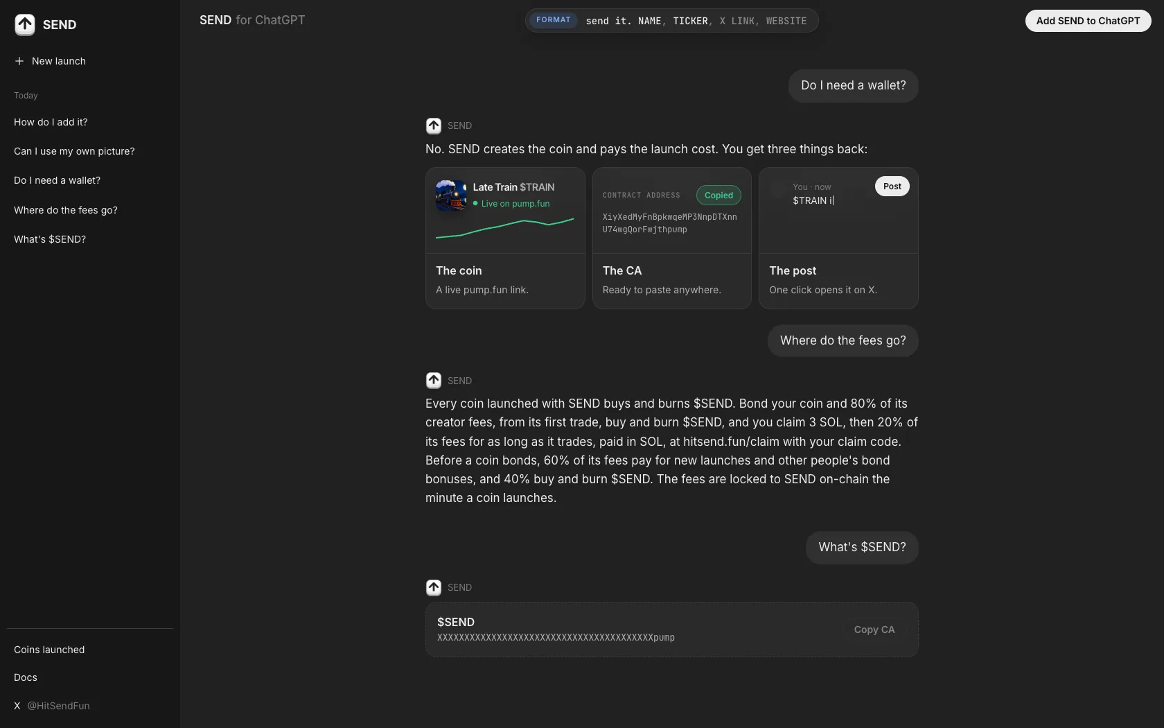 Chat reply showing the coin, contract address and post cards