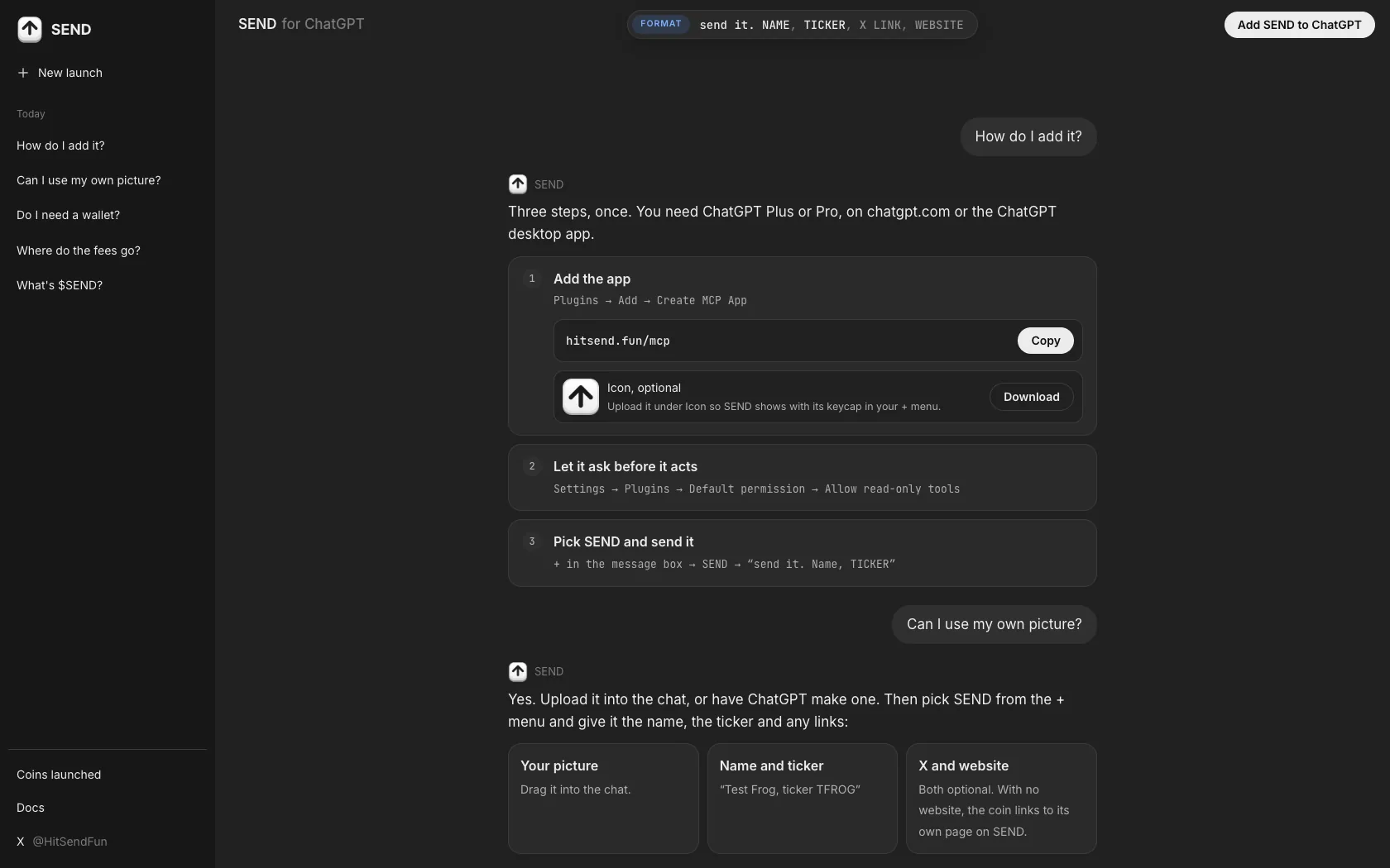 SEND homepage showing the three setup steps as a chat reply