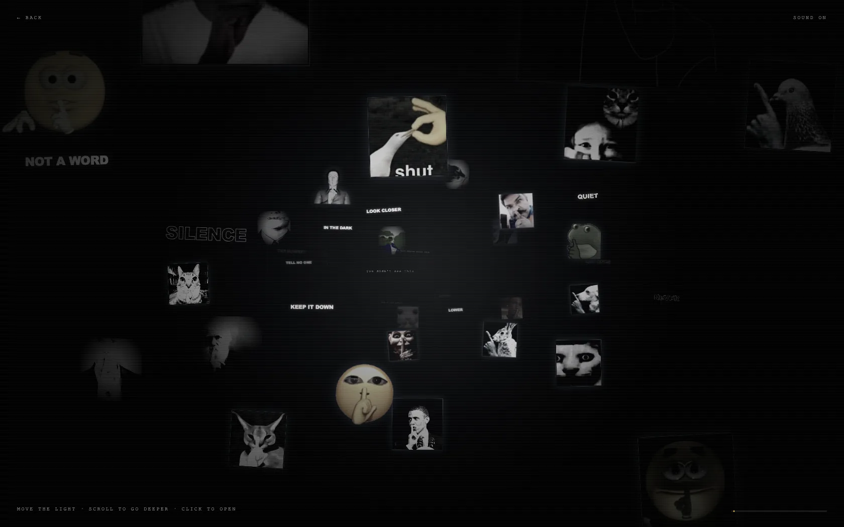 The shhh gallery: memes and words floating in a dark 3D field