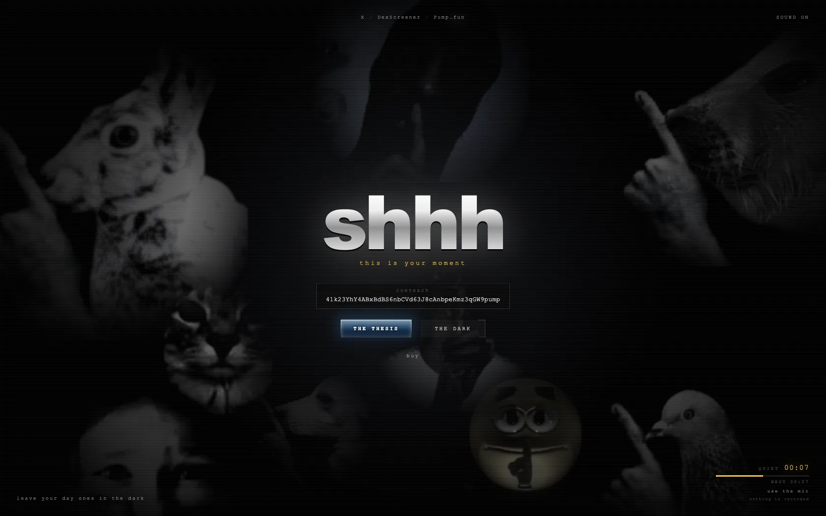 The shhh room: a chrome wordmark centred among dim meme faces, with a quiet meter in the corner