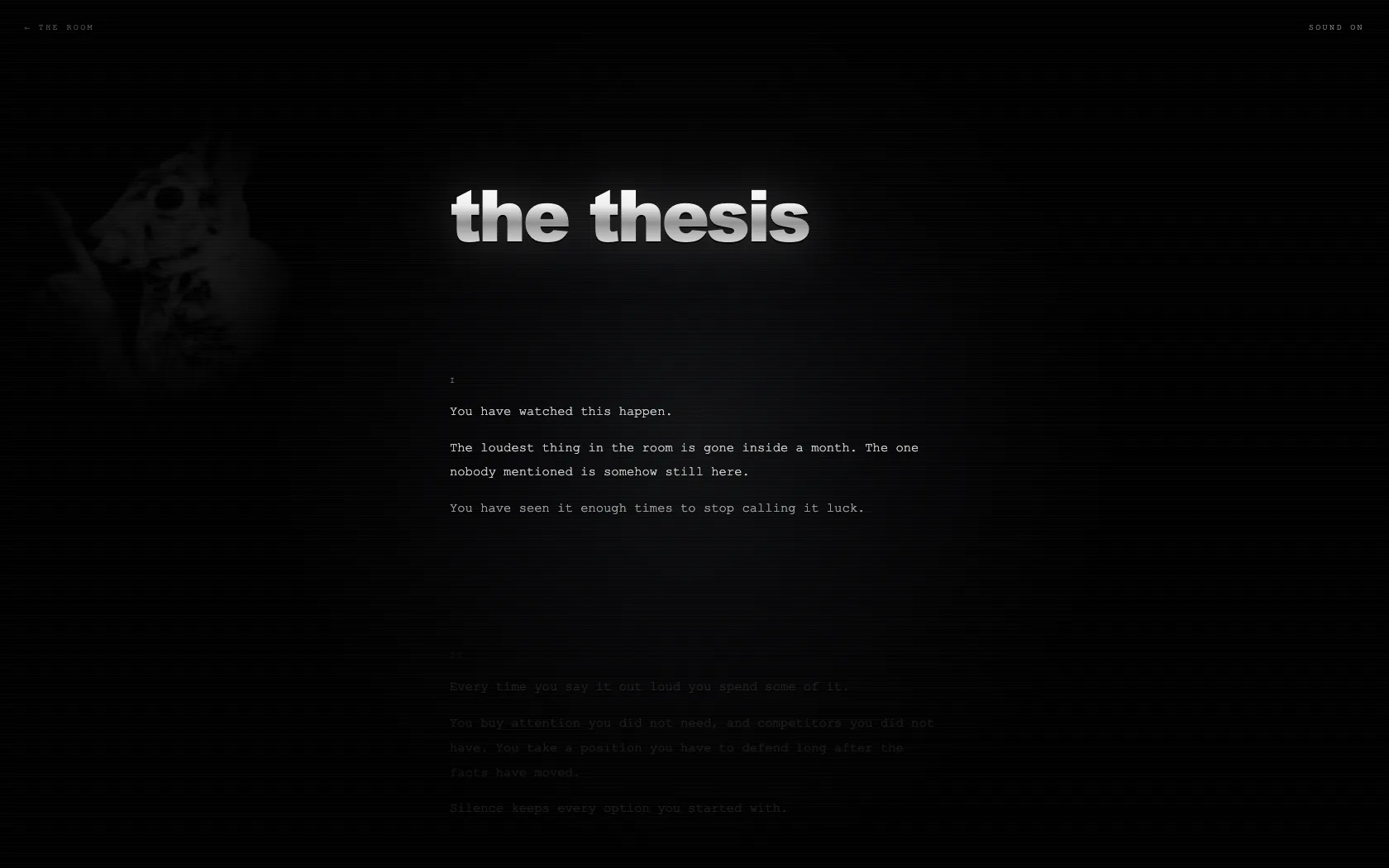 The shhh thesis page with a chrome headline and typewriter text