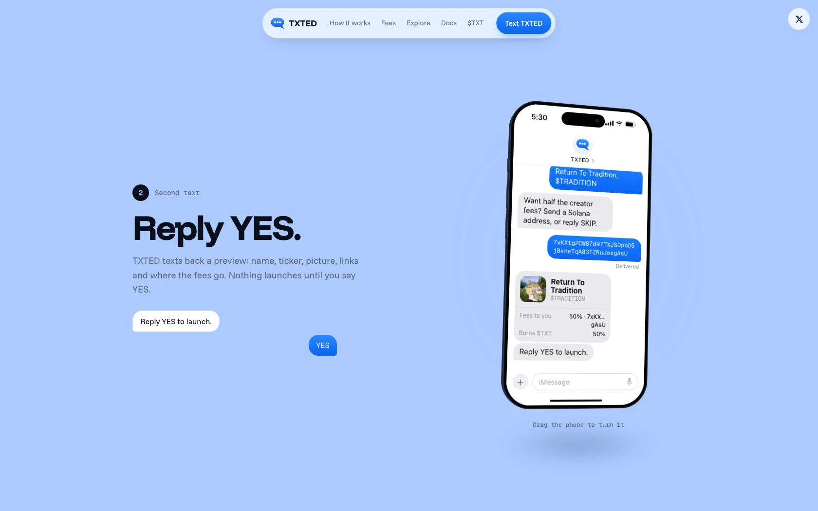 The TXTED preview card in a text thread, waiting for YES