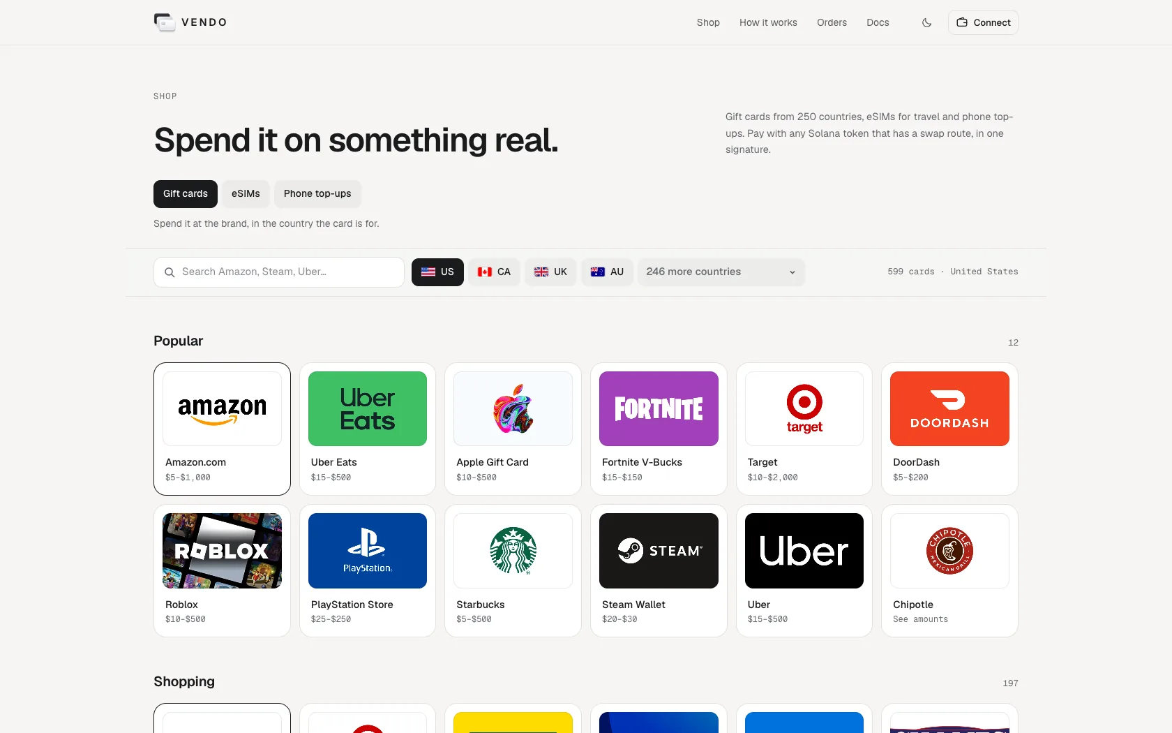 VENDO shop page with gift card brands and country filters