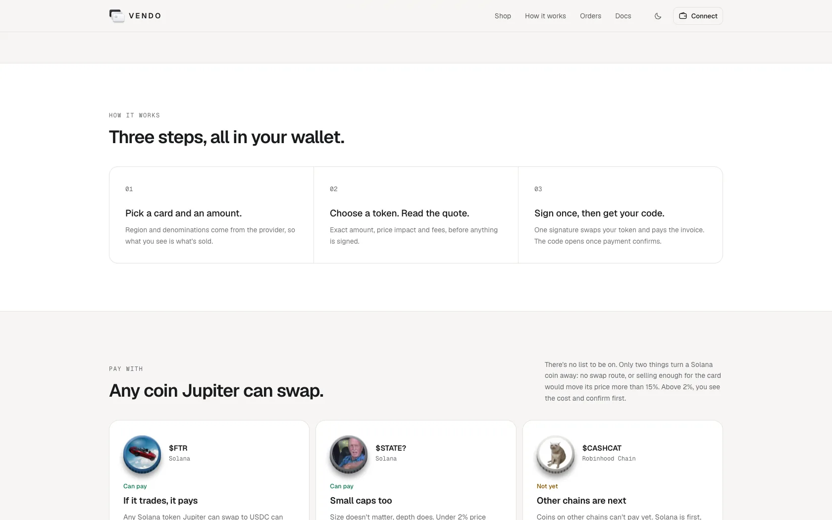 VENDO how it works section with three steps