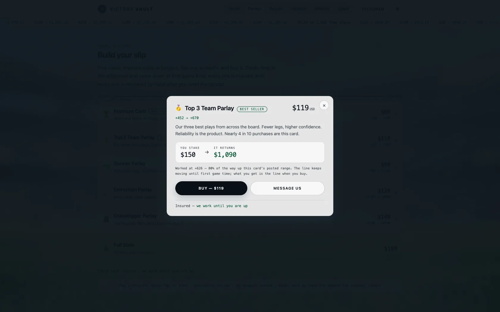 Victory Vault card dialog for the Top 3 Team Parlay, with its price, a worked return and a buy button