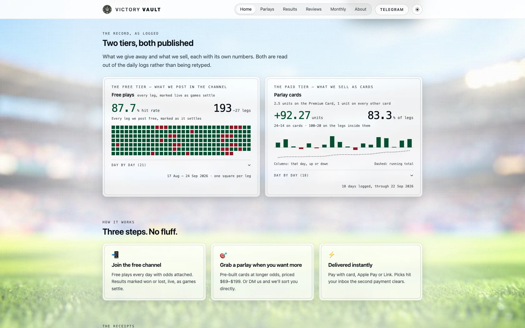 Victory Vault record panels for free plays and parlay cards
