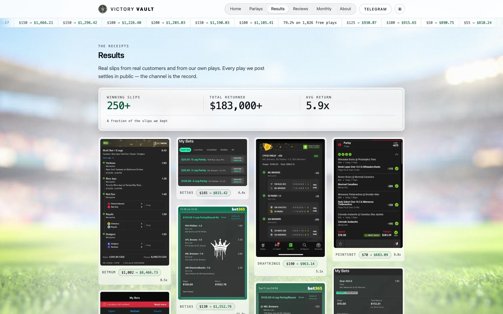 Victory Vault results page with totals above a wall of betting slips