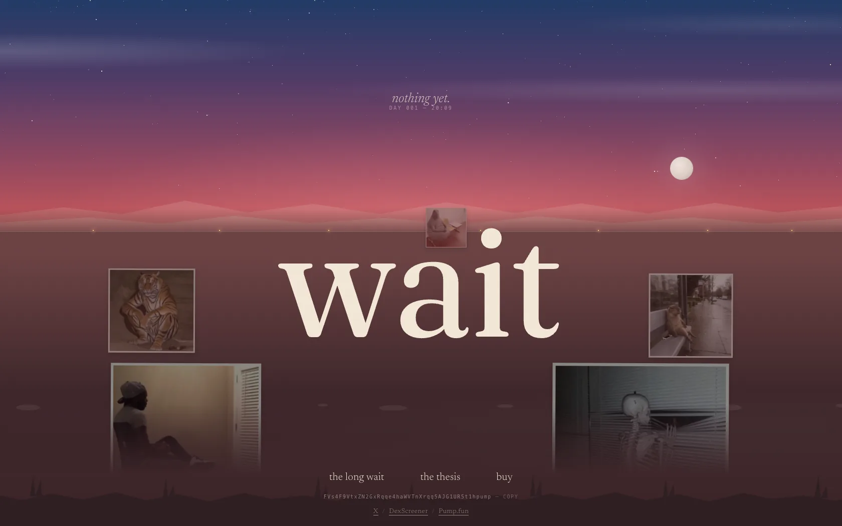 The wait homepage at dusk, with a pink sky, a moon and pale type